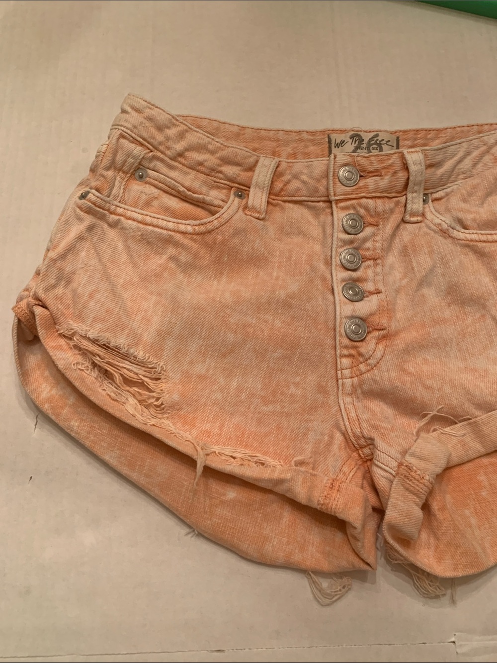 We The Free Washed Peach Button-Front Distressed Denim Shorts - Picture 3 of 11